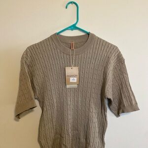 Beige Ribbed Short Sleeve Sweater